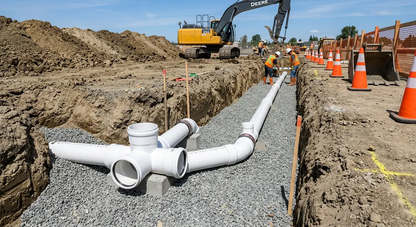 New PVC sewer pipe installation in open trench for Grease Trap Cleaning in East Los Angeles